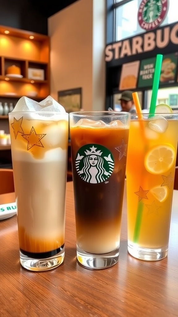 Low Carb Drinks at Starbucks An assortment of low carb drinks from Starbucks including Iced Americano, Cold Brew Coffee, and iced tea.